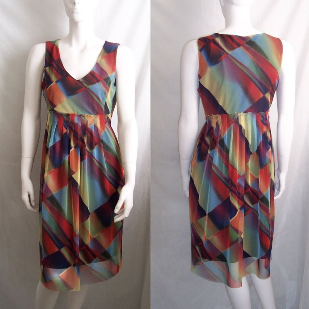 CYNTHIA STEFFE Rainbow Print Mesh Shift Midi Dress